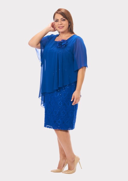 Büyük Beden Saks Renkli Saks Mavisi Renkli Dantel Abiye Elbise modelleri