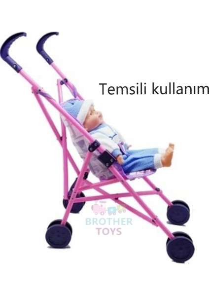 Oyuncak Puset Katlanabilir Bebek Arabası Pembe Baston Plastik Bebek Puseti Çilek Desenli