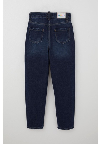 Kız Çocuk Jean Pantolon Cepli Düğmeli 9-14 Yaş, Koyu Mavi