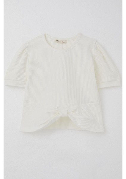 Kız Çocuk Crop Tişört Göbek Dekolte Detaylı 8-14 Yaş, Ekru