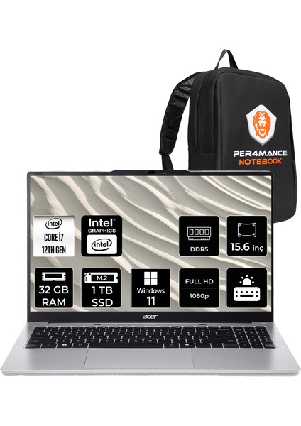 Aspire Lite Intel Core I7 12650H 32GB 1tb SSD 15.6" Fhd Windows 11 Home Taşınabilir Bilgisayar & Per4 Çanta NXJ7LEY001P318
