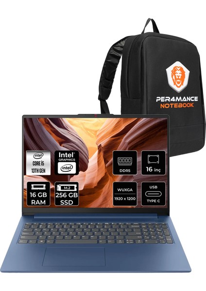 Ideapad Slim 3 Intel Core I5 13420H 16GB 256GB SSD 16" Fhd+ Fdos Taşınabilir Bilgisayar & Per4 Çanta 83K2001RTRP306