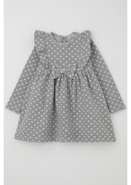 Kız Çocuk Uzun Kollu Elbise Puantiyeli Fiyonklu 1.5-5 Yaş, Açık Gri Melanj