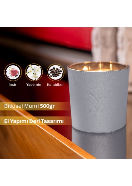 Deri Nadir Füme Gri Bitkisel Mum 500GR Incir, Yasemin & Karabiber