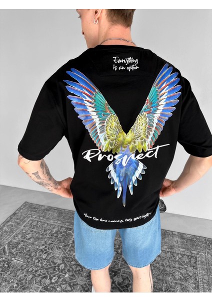 Erkek %100 Pamuk Yazlık Baskılı Oversize 'everything Is An Option' Nakışlı T-Shirt Siyah