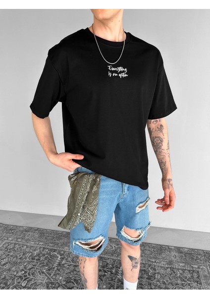 Erkek %100 Pamuk Yazlık Baskılı Oversize 'everything Is An Option' Nakışlı T-Shirt Siyah fiyatları