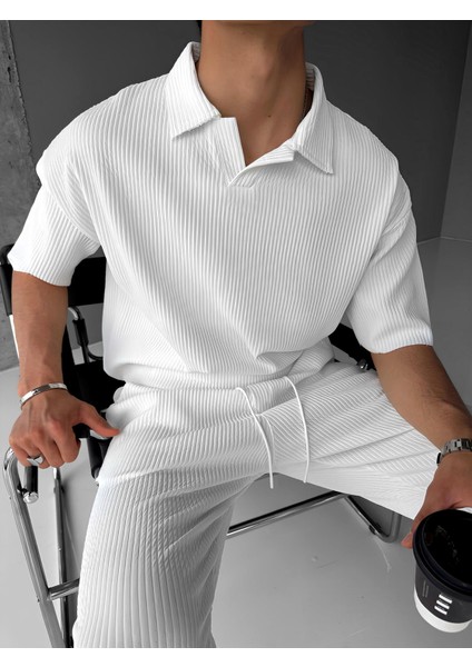 Oversize Polo Yaka Basic Fitilli T-Shirt Ekru