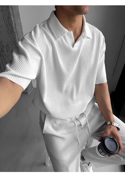 Oversize Polo Yaka Basic Fitilli T-Shirt Ekru fiyatları
