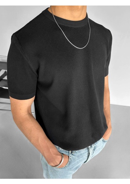 Regular Fit Bisiklet Yaka Esnek Triko T-Shirt Siyah