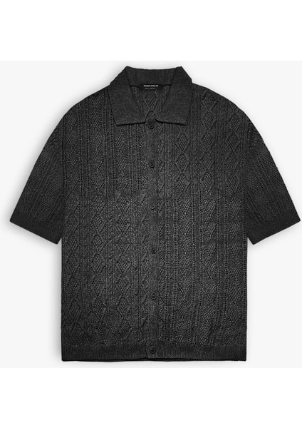 Erkek Yazlık Polo Yaka Örme Oversize Desenli Örme Gömlek Siyah modelleri