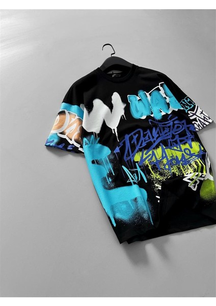 Grafiti Baskılı Oversize T-Shirt Siyah