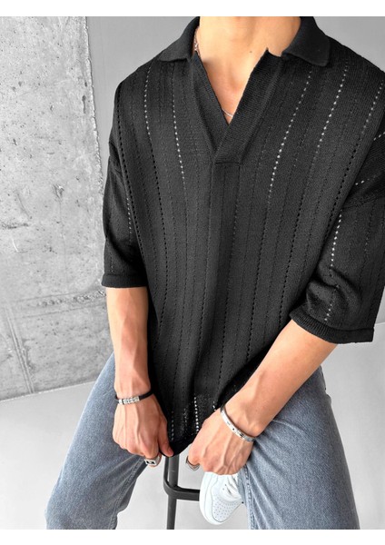 Yarım Pat Gömlek Yaka Desenli Oversize Triko T-Shirt Siyah fiyatları