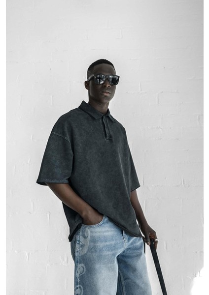 Erkek Oversize Polo Yaka Yıkamalı T-Shirt Siyah fiyatları