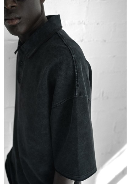 Erkek Oversize Polo Yaka Yıkamalı T-Shirt Siyah fırsatları