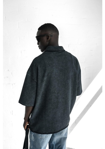Erkek Oversize Polo Yaka Yıkamalı T-Shirt Siyah indirimleri