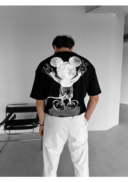 Mickey Mouse Baskılı Oversize T-Shirt Siyah