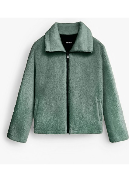 Oversize Dik Yaka Peluş Ceket Haki Yeşil