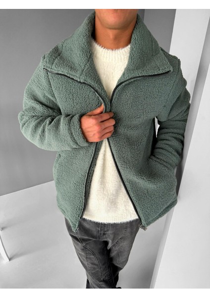 Oversize Dik Yaka Peluş Ceket Haki Yeşil fırsatları