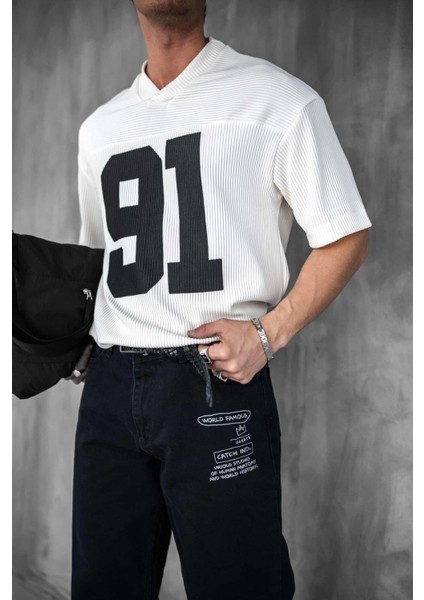 Erkek Oversize Baskılı V Yaka Forma T-Shirt Ekru
