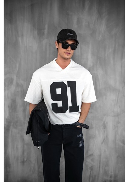 Erkek Oversize Baskılı V Yaka Forma T-Shirt Ekru