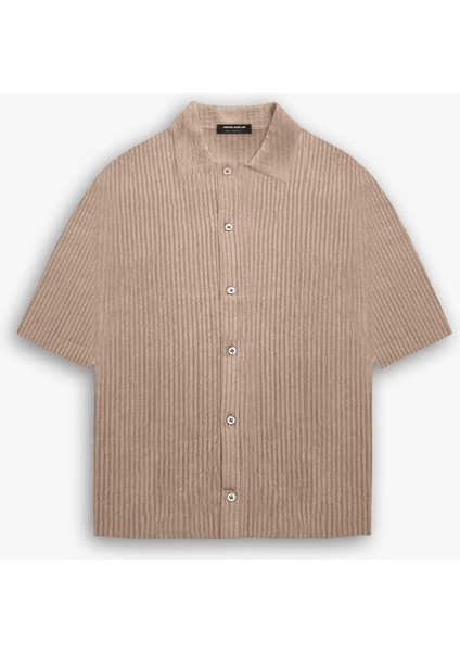Erkek Oversize Fitilli Küba Yaka Gömlek Bej