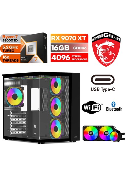 Gaming Pc Ddr5 – Rx 9070 Xt 16 GB – Ryzen 7 9800X3D – 32GB – 64GB Ddr5 Ram – 1 Tb M.2 SSD – Windows 11 Pro – Sıvı Sogutmalı Masaüstü Bilgisayar