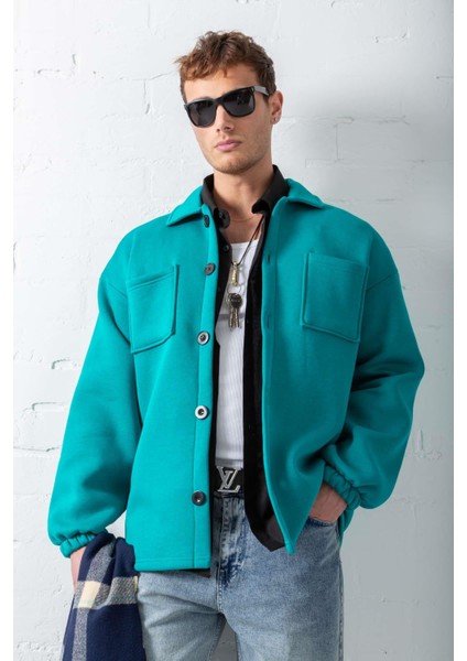 Erkek Oversize Basic Rahat Ceket Su Yeşili