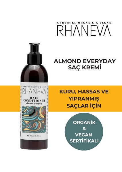Almond Everyday Saç Kremi, Kuru ve Yıpranmış Saçlar Için, Organik ve Vegan Sertifikalı, 250ML