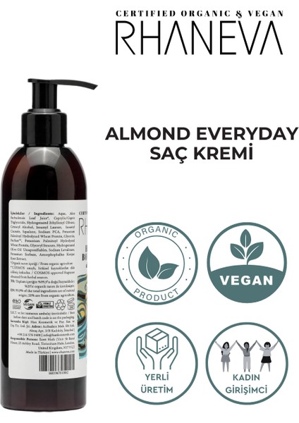 Almond Everyday Saç Kremi, Kuru ve Yıpranmış Saçlar Için, Organik ve Vegan Sertifikalı, 250ML fırsatları