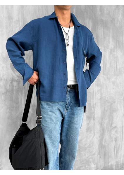 Oversize Fit Uzun Kollu Müslin Gömlek Lacivert