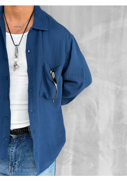 Oversize Fit Uzun Kollu Müslin Gömlek Lacivert