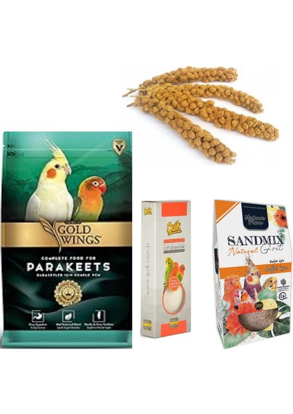 4 Lü Avantaj Paketi Gold Wings Pareket Yemi, Quik Kalamar Kemiği, Nature Plan Kuş Kumu, 100 gr Dal Darı