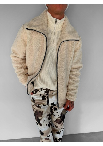 Oversize Dik Yaka Peluş Ceket Bej