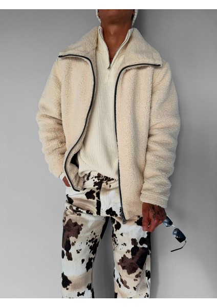 Oversize Dik Yaka Peluş Ceket Bej