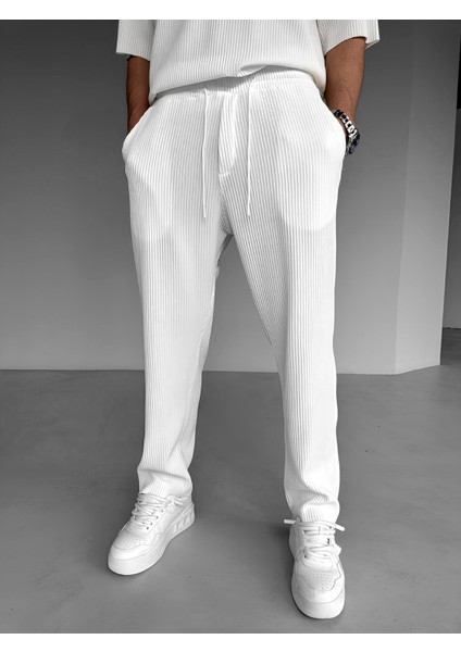 Baggy Fit Fitilli Rahat Pantolon Ekru modelleri