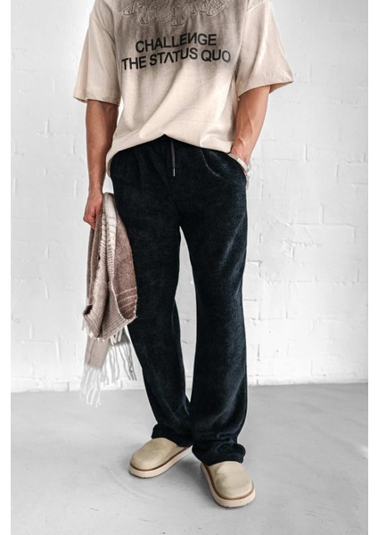 Erkek Baggy Fit Beli Lastikli Rahat Dokulu Örme Pantolon Siyah