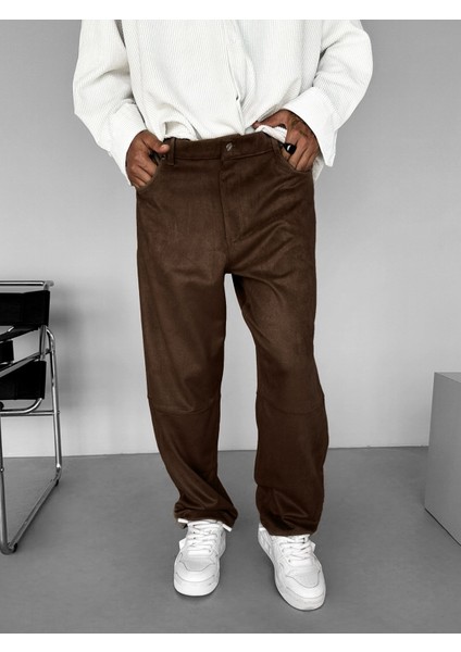 Erkek Baggy Geniş Kalıp Geniş Paça Süet Basic Pantolon Kahverengi
