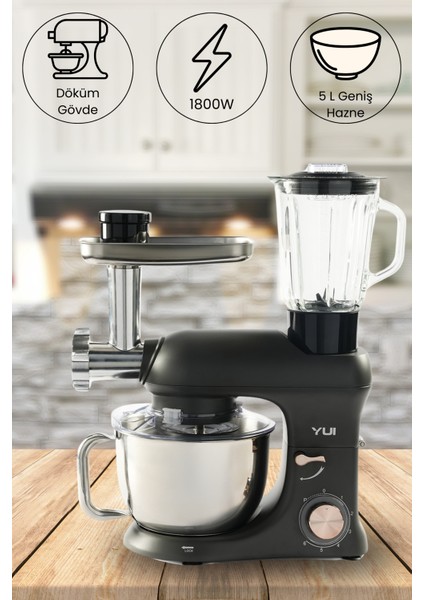 M200 Multi-Fonksiyonel 3'ü Bir Arada Döküm Gövde Stand Mikser Kıyma Setli ve Blender Özellikli 1800W Gri Rose