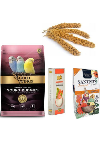 4 Lü Avantaj Paketi Gold Wings Yavru Muhabbet Yemi, Quik Kalamar Kemiği, Nature Plan Kuş Kumu, 100 gr Dal Darı