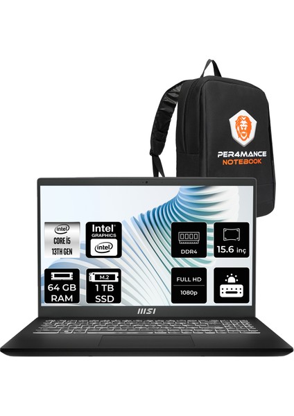 Msı Modern 15 H Intel Core I5 13420H 64GB 1tb SSD 15.6" Fhd Fdos Taşınabilir Bilgisayar & Per4 Çanta B13M268TRP348