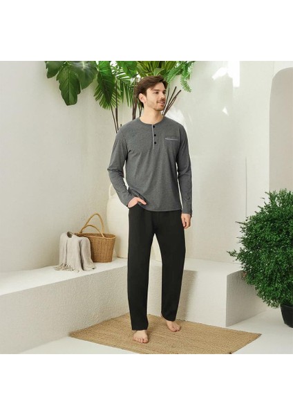 Elitepoint 1555 Erkek Yazlık Büyük Beden Uzun Kol Uzun Alt Pijama Takımı