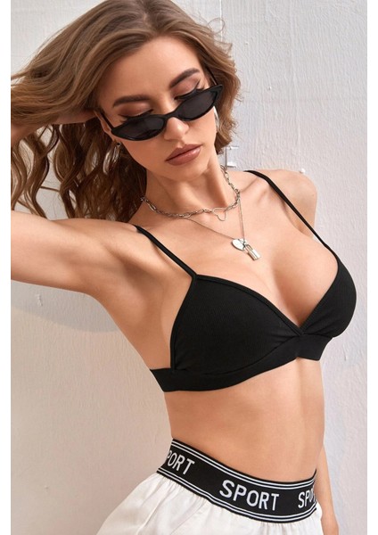 Kadın Siyah Kapsız Sırtı Açık Crop Top Bluz