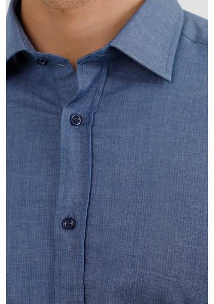 Koyu Mavi Slim Fit Uzun Kol Gömlek