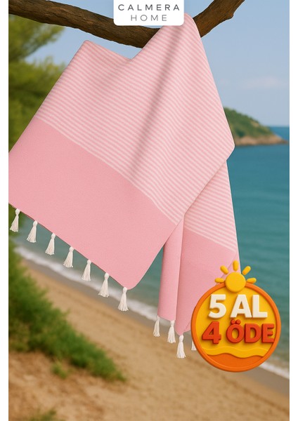 Çizgili Peştemal | Pamuk - Doğal Saçaklı | Plaj, Havuz, Spa, Hamam, Sauna, Spor, Seyahat Havlusu - Pembe