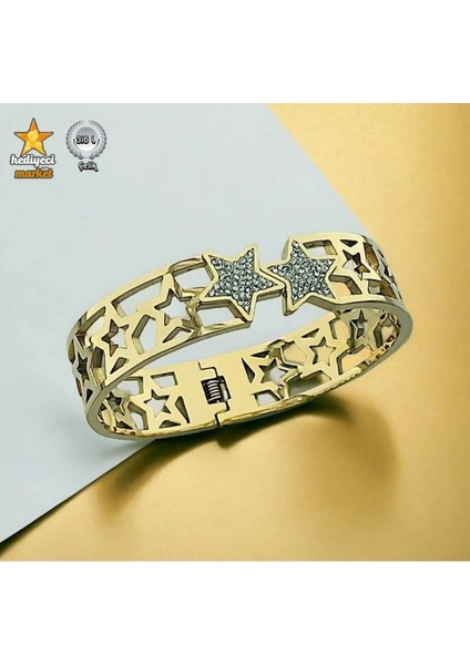 316 L Gold Zirkon Detay Yıldız Tasarım Kalın Çelik Kelepçe Bileklik - HMÇB-0023 modelleri
