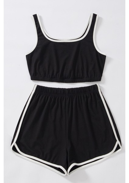 Kadın Siyah Askılı Crop Top ve Şortlu Gecelik Takım