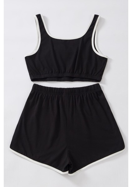 Kadın Siyah Askılı Crop Top ve Şortlu Gecelik Takım
