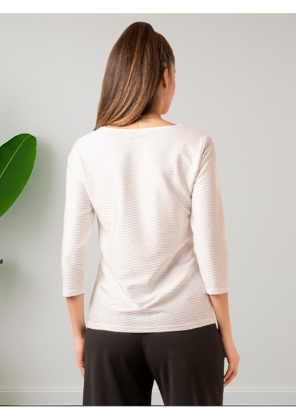 Lupinn Moda Kadın Beyaz V Yaka Desenli 3/4-Truvakar Kol Rahat Kalıp Bluz modelleri