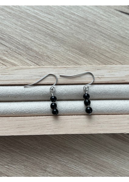 Minimal Siyah Akik Taşı Gümüş Kaplama Sallantı Küpe