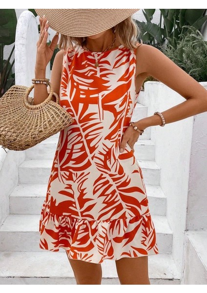 Kadın Sıfır Kollu Bisiklet Yakalı Fırfırlı Desenli Sofya Elbise